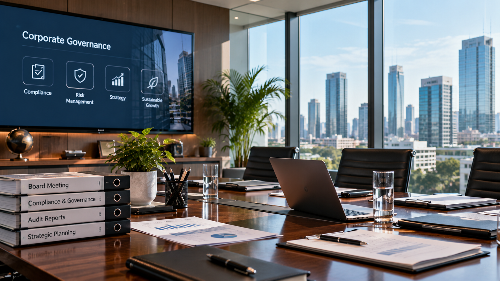Indian enterprise executive boardroom with panoramic modern glass city windows