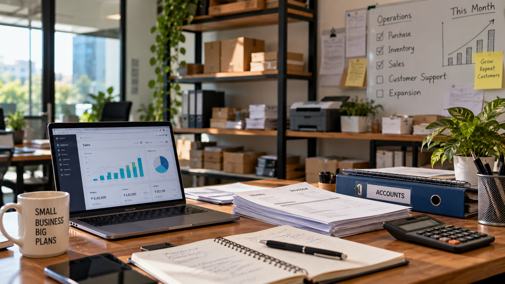 Established Indian business entrepreneur managing financial accounts in office